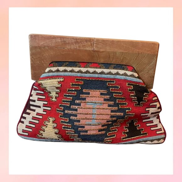 Handbags - Boho Southwestern Woven Clutch Bag with Wooden Frame